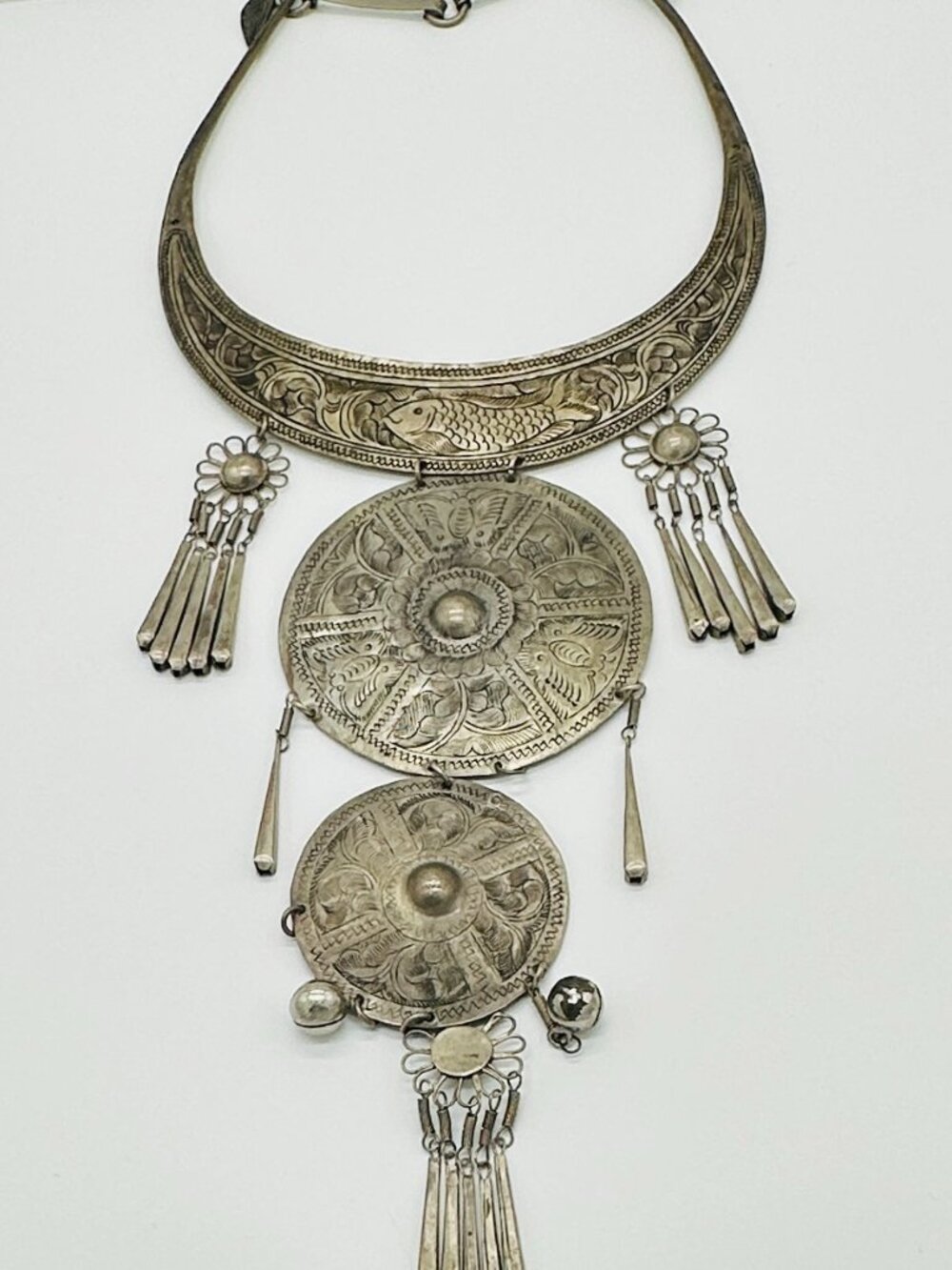Vintage Torque Necklace Hmong Miao Tribal Etched Silver-toned